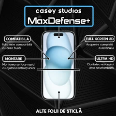 Folie Sticla iPhone 15 Plus Casey Studios Full Screen 9H + Kit de Instalare Cadou,  Full Glue, Sticla Securizata, Duritate Militara, Ultra HD, Protectie Profesionala Ecran 3D, Anti Zgarieturi, Anti Socuri, Margini Negre Negru