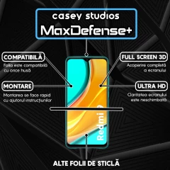 Folie Sticla CASEY STUDIOS compatibila cu Xiaomi Redmi 9, Full Glue, Duritate Militara, Ultra HD, Anti Zgarieturi, Anti Amprente, Anti Socuri, Margini Negre Negru