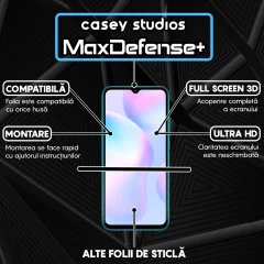 Folie Sticla CASEY STUDIOS compatibila cu Xiaomi Redmi 9A / Redmi 9C NFC / Redmi 9C / Redmi 9AT / Redmi 10A, Full Glue, Duritate Militara, Ultra HD, Anti Zgarieturi, Anti Amprente, Anti Socuri, Margini Negre Negru