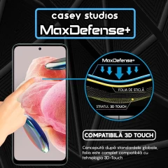 Folie Sticla CASEY STUDIOS compatibila cu Xiaomi Redmi Note 12 4G / Redmi Note 12 5G / Poco X5, Full Glue, Duritate Militara, Ultra HD, Anti Zgarieturi, Anti Amprente, Anti Socuri, Margini Negre Negru