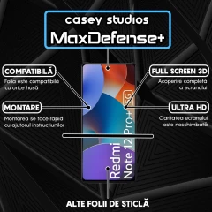 Folie Sticla CASEY STUDIOS compatibila cu Xiaomi Redmi Note 12 Pro 5G / Redmi Note 12 Pro+, Full Glue, Duritate Militara, Ultra HD, Anti Zgarieturi, Anti Amprente, Anti Socuri, Margini Negre Negru