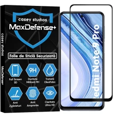 Folie Sticla CASEY STUDIOS compatibila cu Xiaomi Redmi Note 9 Pro / Redmi Note 9 Pro Max / Redmi Note 9S, Full Glue, Duritate Militara, Ultra HD, Anti Zgarieturi, Anti Amprente, Anti Socuri, Margini Negre Negru