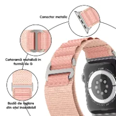 Curea Textil Alpine Loop compatibila cu Apple Watch SE/9/8/7/6/5/4/3/2/1 - 38/40/41MM CASEY STUDIOS, Ajustabila, Respirabila Roz