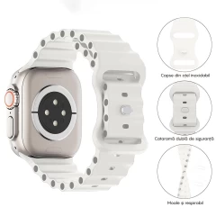 Curea Silicon Ocean Loop compatibila cu Apple Watch SE/9/8/7/6/5/4/3/2/1 - 38/40/41MM CASEY STUDIOS™, Ajustabila, Respirabila, Silicon moale placut la atingere Alb