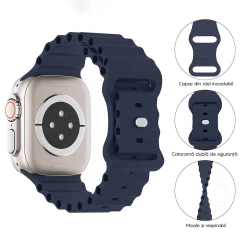 Curea Silicon Ocean Loop compatibila cu Apple Watch SE/9/8/7/6/5/4/3/2/1 - 38/40/41MM CASEY STUDIOS™, Ajustabila, Respirabila, Silicon moale placut la atingere Midnight Blue
