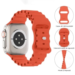 Curea Silicon Ocean Loop compatibila cu Apple Watch SE/9/8/7/6/5/4/3/2/1 - 38/40/41MM CASEY STUDIOS™, Ajustabila, Respirabila, Silicon moale placut la atingere Portocaliu
