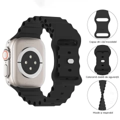 Curea Silicon Ocean Loop compatibila cu Apple Watch Ultra 2/Ultra/SE/9/8/7/6/5/4/3/2/1 - 42/44/45/49MM CASEY STUDIOS™, Ajustabila, Respirabila, Silicon moale placut la atingere Negru