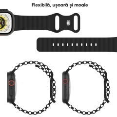 Curea Silicon Ocean Loop compatibila cu Apple Watch Ultra 2/Ultra/SE/9/8/7/6/5/4/3/2/1 - 42/44/45/49MM CASEY STUDIOS™, Ajustabila, Respirabila, Silicon moale placut la atingere Negru