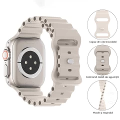 Curea Silicon Ocean Loop compatibila cu Apple Watch Ultra 2/Ultra/SE/9/8/7/6/5/4/3/2/1 - 42/44/45/49MM CASEY STUDIOS™, Ajustabila, Respirabila, Silicon moale placut la atingere crem