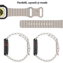 Curea Silicon Ocean Loop compatibila cu Apple Watch Ultra 2/Ultra/SE/9/8/7/6/5/4/3/2/1 - 42/44/45/49MM CASEY STUDIOS™, Ajustabila, Respirabila, Silicon moale placut la atingere crem