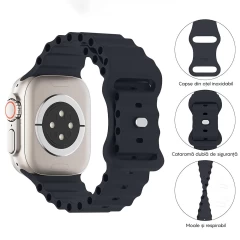 Curea Silicon Ocean Loop compatibila cu Apple Watch Ultra 2/Ultra/SE/9/8/7/6/5/4/3/2/1 - 42/44/45/49MM CASEY STUDIOS™, Ajustabila, Respirabila, Silicon moale placut la atingere Albastru Inchis