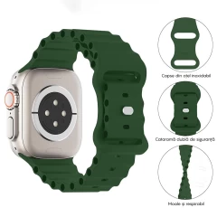 Curea Silicon Ocean Loop compatibila cu Apple Watch Ultra 2/Ultra/SE/9/8/7/6/5/4/3/2/1 - 42/44/45/49MM CASEY STUDIOS™, Ajustabila, Respirabila, Silicon moale placut la atingere Verde Inchis