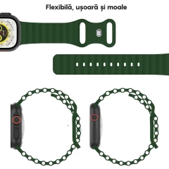 Curea Silicon Ocean Loop compatibila cu Apple Watch Ultra 2/Ultra/SE/9/8/7/6/5/4/3/2/1 - 42/44/45/49MM CASEY STUDIOS™, Ajustabila, Respirabila, Silicon moale placut la atingere Verde Inchis