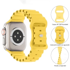 Curea Silicon Ocean Loop compatibila cu Apple Watch Ultra 2/Ultra/SE/9/8/7/6/5/4/3/2/1 - 42/44/45/49MM CASEY STUDIOS™, Ajustabila, Respirabila, Silicon moale placut la atingere Galben