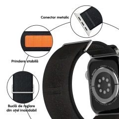Curea Nailon Trail compatibila cu Apple Watch SE/9/8/7/6/5/4/3/2/1 - 38/40/41MM CASEY STUDIOS, Ajustabila, Respirabila, Material Textil Negru