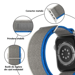 Curea Nailon Trail compatibila cu Apple Watch SE/9/8/7/6/5/4/3/2/1 - 38/40/41MM CASEY STUDIOS, Ajustabila, Respirabila, Material Textil Gri Deschis