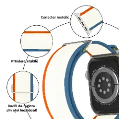 Curea Nailon Trail compatibila cu Apple Watch SE/9/8/7/6/5/4/3/2/1 - 38/40/41MM CASEY STUDIOS, Ajustabila, Respirabila, Material Textil bej / portocaliu