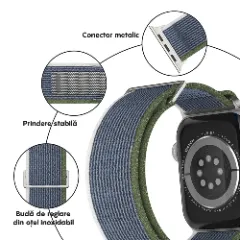 Curea Nailon Trail compatibila cu Apple Watch Ultra 2/Ultra/SE/9/8/7/6/5/4/3/2/1 - 42/44/45/49 MM CASEY STUDIOS, Ajustabila, Respirabila, Material Textil Verde Alb