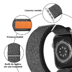 Curea Nailon Trail compatibila cu Apple Watch Ultra 2/Ultra/SE/9/8/7/6/5/4/3/2/1 - 42/44/45/49 MM CASEY STUDIOS, Ajustabila, Respirabila, Material Textil Negru/gri