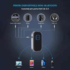 Adaptor Bluetooth 5.3 LAGATO, Receiver Audio AUX 3.5mm, Jack 3.5mm, pentru orice tip de Masina, Portabil, compatibil cu orice Device, Cablu Type-C Negru