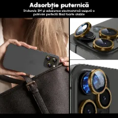 Folie Protectie Lentile Camera pentru iPhone 15 Pro / iPhone 15 Pro Max, Casey Studios MaxDefense+, Ultra HD, Anti Amprente, Anti Zgarieturi, Anti Socuri Galben
