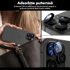 Folie Protectie Lentile Camera pentru iPhone 15 Pro / iPhone 15 Pro Max, Casey Studios MaxDefense+, Ultra HD, Anti Amprente, Anti Zgarieturi, Anti Socuri Negru