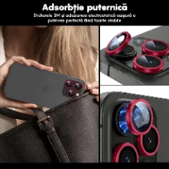 Folie Protectie Lentile Camera pentru iPhone 15 Pro / iPhone 15 Pro Max, Casey Studios MaxDefense+, Ultra HD, Anti Amprente, Anti Zgarieturi, Anti Socuri Rosu