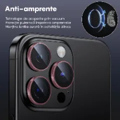Folie Protectie Lentile Camera pentru iPhone 15 Pro / iPhone 15 Pro Max, Casey Studios MaxDefense+, Ultra HD, Anti Amprente, Anti Zgarieturi, Anti Socuri Roz