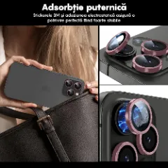 Folie Protectie Lentile Camera pentru iPhone 15 Pro / iPhone 15 Pro Max, Casey Studios MaxDefense+, Ultra HD, Anti Amprente, Anti Zgarieturi, Anti Socuri Roz