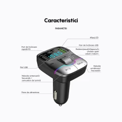 Modulator FM G01 Pro, Bluetooth 5.3, Transmitator FM cu Incarcare, 2 x port USB, Port USB Type-C, Fast Charge, compatibil cu orice Device, Afisaz LED Negru