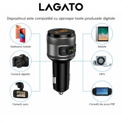 Modulator FM C01 LAGATO, Bluetooth 5.3, Transmitator FM cu Incarcare, 2 x port USB, Fast Charge, compatibil cu orice Device Negru