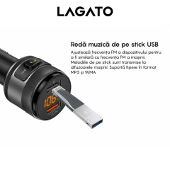 Modulator FM C01 LAGATO, Bluetooth 5.3, Transmitator FM cu Incarcare, 2 x port USB, Fast Charge, compatibil cu orice Device Negru