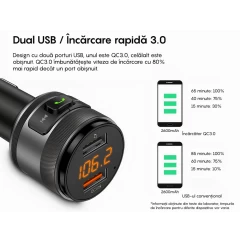 Modulator FM C01 LAGATO, Bluetooth 5.3, Transmitator FM cu Incarcare, 2 x port USB, Fast Charge, compatibil cu orice Device Negru