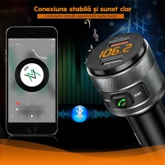 Modulator FM C01 LAGATO, Bluetooth 5.3, Transmitator FM cu Incarcare, 2 x port USB, Fast Charge, compatibil cu orice Device Negru