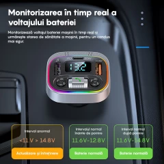 Modulator FM G02 LAGATO, Bluetooth 5.3, Transmitator FM cu Incarcare, 2 x port USB, Port USB Type-C, Fast Charge, compatibil cu orice Device, Afisaz LED, Lumini RGB Negru