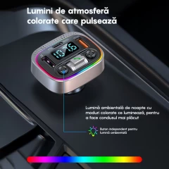 Modulator FM G02 LAGATO, Bluetooth 5.3, Transmitator FM cu Incarcare, 2 x port USB, Port USB Type-C, Fast Charge, compatibil cu orice Device, Afisaz LED, Lumini RGB Negru