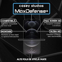 Folie Sticla CASEY STUDIOS pentru iPhone 12 / 12 Pro, MaxDefense+ Matte, Full Glue, Sticla Securizata, Duritate Militara, Ultra HD, Protectie Profesionala Ecran 3D, Anti Zgarieturi, Anti Socuri Negru