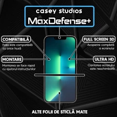 Folie Sticla CASEY STUDIOS pentru iPhone 13 / 13 Pro, MaxDefense+ Matte, Full Glue, Sticla Securizata, Duritate Militara, Ultra HD, Protectie Profesionala Ecran 3D, Anti Zgarieturi, Anti Socuri Negru