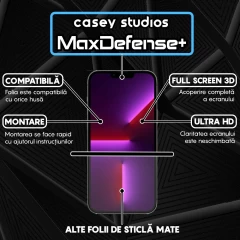 Folie Sticla CASEY STUDIOS pentru iPhone 13 Pro Max, MaxDefense+ Matte, Full Glue, Sticla Securizata, Duritate Militara, Ultra HD, Protectie Profesionala Ecran 3D, Anti Zgarieturi, Anti Socuri Negru