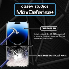 Folie Sticla CASEY STUDIOS pentru iPhone 14 Pro Max, MaxDefense+ Matte, Full Glue, Sticla Securizata, Duritate Militara, Ultra HD, Protectie Profesionala Ecran 3D, Anti Zgarieturi, Anti Socuri Negru