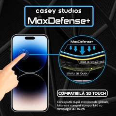 Folie Sticla CASEY STUDIOS pentru iPhone 14 Pro Max, MaxDefense+ Matte, Full Glue, Sticla Securizata, Duritate Militara, Ultra HD, Protectie Profesionala Ecran 3D, Anti Zgarieturi, Anti Socuri Negru
