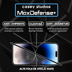 Folie Sticla CASEY STUDIOS pentru iPhone 14 Pro Max, MaxDefense+ Matte, Full Glue, Sticla Securizata, Duritate Militara, Ultra HD, Protectie Profesionala Ecran 3D, Anti Zgarieturi, Anti Socuri Negru