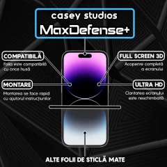 Folie Sticla CASEY STUDIOS pentru iPhone 14 Pro, MaxDefense+ Matte, Full Glue, Sticla Securizata, Duritate Militara, Ultra HD, Protectie Profesionala Ecran 3D, Anti Zgarieturi, Anti Socuri Negru