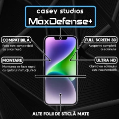 Folie Sticla CASEY STUDIOS pentru iPhone 14, MaxDefense+ Matte, Full Glue, Sticla Securizata, Duritate Militara, Ultra HD, Protectie Profesionala Ecran 3D, Anti Zgarieturi, Anti Socuri Negru
