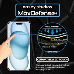 Folie Sticla CASEY STUDIOS pentru iPhone 15 Plus, MaxDefense+ Matte, Full Glue, Sticla Securizata, Duritate Militara, Ultra HD, Protectie Profesionala Ecran 3D, Anti Zgarieturi, Anti Socuri Negru