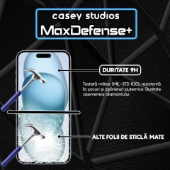 Folie Sticla CASEY STUDIOS pentru iPhone 15 Plus, MaxDefense+ Matte, Full Glue, Sticla Securizata, Duritate Militara, Ultra HD, Protectie Profesionala Ecran 3D, Anti Zgarieturi, Anti Socuri Negru