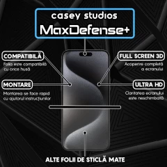 Folie Sticla CASEY STUDIOS pentru iPhone 15 Pro Max, MaxDefense+ Matte, Full Glue, Sticla Securizata, Duritate Militara, Ultra HD, Protectie Profesionala Ecran 3D, Anti Zgarieturi, Anti Socuri Negru