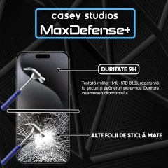 Folie Sticla CASEY STUDIOS pentru iPhone 15 Pro Max, MaxDefense+ Matte, Full Glue, Sticla Securizata, Duritate Militara, Ultra HD, Protectie Profesionala Ecran 3D, Anti Zgarieturi, Anti Socuri Negru