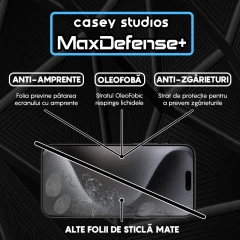 Folie Sticla CASEY STUDIOS pentru iPhone 15 Pro Max, MaxDefense+ Matte, Full Glue, Sticla Securizata, Duritate Militara, Ultra HD, Protectie Profesionala Ecran 3D, Anti Zgarieturi, Anti Socuri Negru