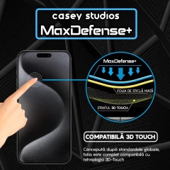 Folie Sticla CASEY STUDIOS pentru iPhone 15 Pro Max, MaxDefense+ Matte, Full Glue, Sticla Securizata, Duritate Militara, Ultra HD, Protectie Profesionala Ecran 3D, Anti Zgarieturi, Anti Socuri Negru